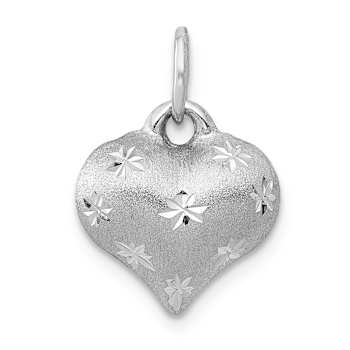 Rhodium Over 14k White Gold Satin Diamond-Cut 3D Puffed Heart Pendant
