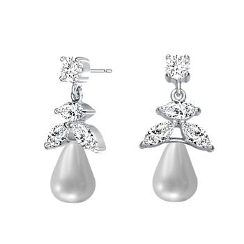 Freshwater Pearl And CZ Teardrop Drop Earrings In Sterling Silver