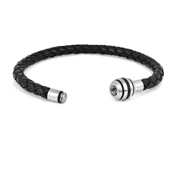 Mens Black Leather Braided Rope Bracelet with Stainless Steel Magnetic Closure