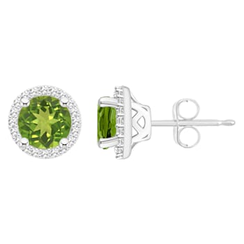 6mm Round Peridot 1/5 ctw Diamond Rhodium Over Sterling Silver Halo Stud Earrings