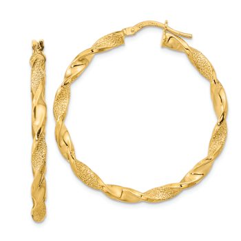 14k Yellow Gold 1 1/2" Polished and Textured Twisted Hoop Earrings