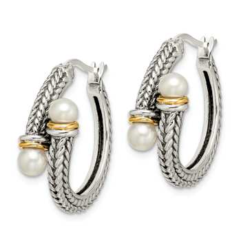 Sterling Silver Antiqued with 14K Accent 4mm Freshwater Cultured Pearl
Hoop Earrings
