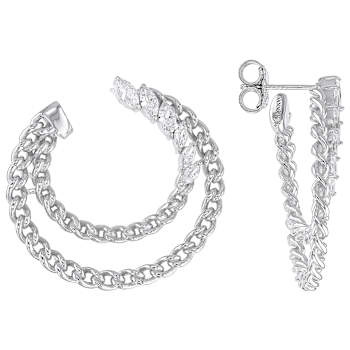 CZ Marquise and Link Double Hoop Earrings In Platinum-Enhanced Sterling
Silver 1.94ctw