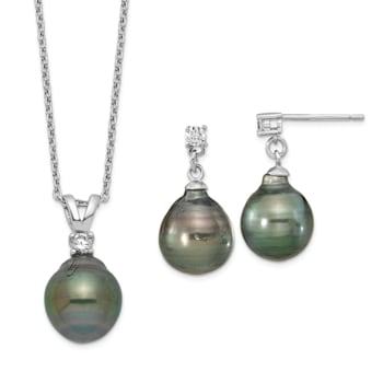 Rhodium Over Sterling Silver Polished Necklace and Earring Set with
Tahitian Pearls and CZ.