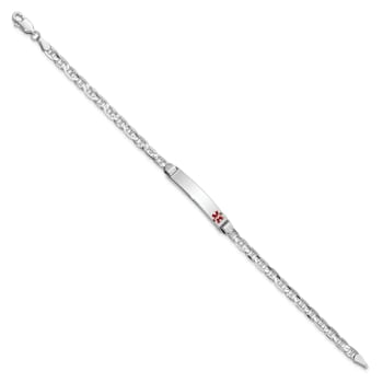 Rhodium Over 14k White Gold Medical Red Enamel Mariner Link ID Bracelet
