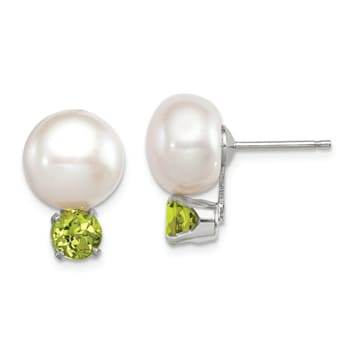 Sterling Silver 10-11mm Freshwater Cultured Button Pearl with Peridot Earrings