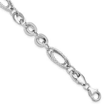 Rhodium Over 14k White Gold 8mm Polished and Textured Oval Fancy Link Bracelet