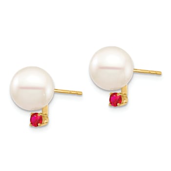 14K Yellow Gold 8-8.5mm White Round Freshwater Cultured Pearl Ruby Post Earrings