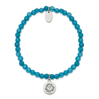 Stainless Steel Polished Lotus Blue Jade Beaded Stretch Bracelet