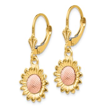 14k Yellow and Rose Gold Polished Sunflower Dangle Earrings