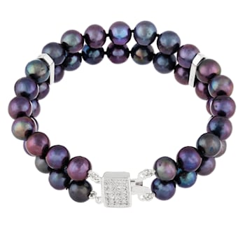 7-7.5mm Black Cultured Freshwater Pearl Silver  Bracelet