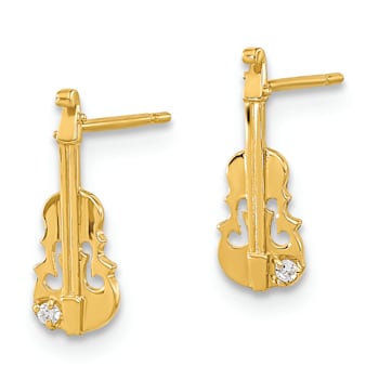14K Yellow Gold Cubic Zirconia Children's Violin Stud Earrings