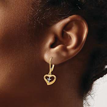 14k Yellow Gold and 14k White Gold Polished Cross in Heart Dangle Earrings