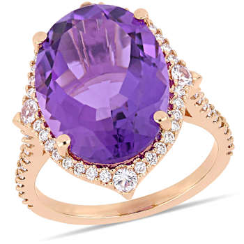 Amethyst, White Sapphire and Diamond 14K Rose Gold Cocktail Ring 8.53ctw
