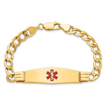 14k Yellow Gold Medical Soft Diamond Shape Red Enamel Curb Link ID Bracelet