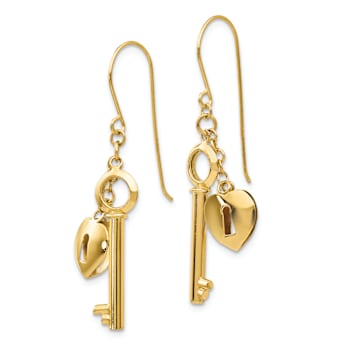 14k Yellow Gold Puff Heart Lock and Key Dangle Earrings