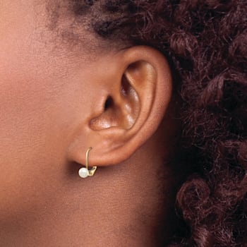 14K Yellow Gold 4-5mm White Round Freshwater Cultured Pearl Leverback Earrings