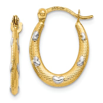 14k Two-tone 11/16" Textured Oval with Hearts Hoop Earrings