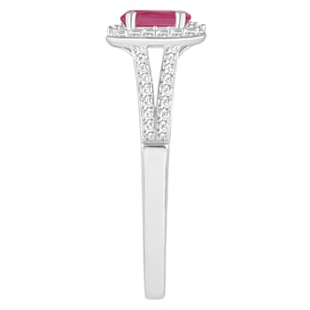 6x4mm Oval Ruby 1/4 ctw Diamond Rhodium Over Sterling Silver Halo Ring