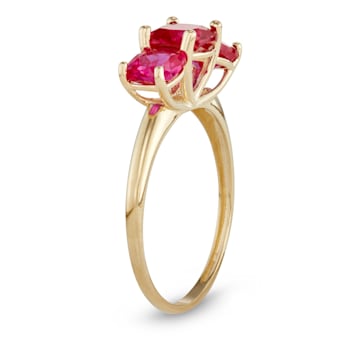 Square Cushion Lab Created Ruby 3-Stone 10K Yellow Gold Ring 1.85ctw
