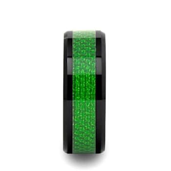 MATLAL Beveled Black Ceramic Ring with Emerald Green Carbon Fiber Inlay 8mm
