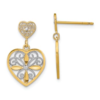 14K Two-tone Gold Flower and Heart Beaded Filigree Dangle Earrings
