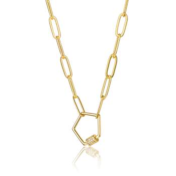 Pave CZ Pentagon Charm Station Necklace In 14K Gold Over Brass
