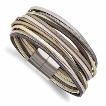 Multi-color Faux Leather and Stainless Steel Polished Multi-Strand
Metallic 7.25-inch Bracelet