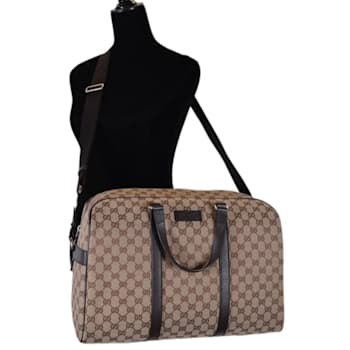 Gucci Large GG Logo Beige Canvas Brown Leather Strap Duffle Bag