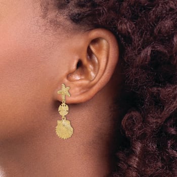 14K Yellow Gold Textured Starfish, Sand Dollar and Scallop Shell Dangle Earrings