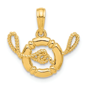 14k Yellow Gold Polished and Textured Life Preserver with Rope Pendant