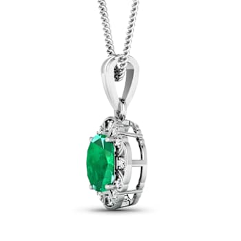 2.07ctw 14K White Gold Zambian Emerald and White Diamond Pendant with 18
inch Cable Chain