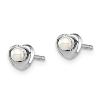 Rhodium Over 14k White Gold Children's White Button Freshwater Cultured
Pearl Heart Stud Earrings