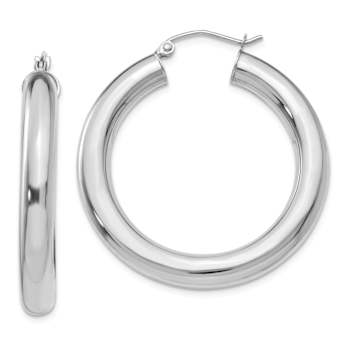 Rhodium Over 14k White Gold 1 3/8" Polished Tube Hoop Earrings