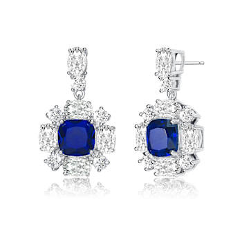 Sapphire Color CZ Square Drop Earrings In White Rhodium Over Brass