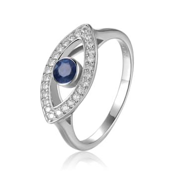 Blue Sapphire with Moissanite Accents Rhodium Over Sterling Silver Evil
Eye Halo Ring
