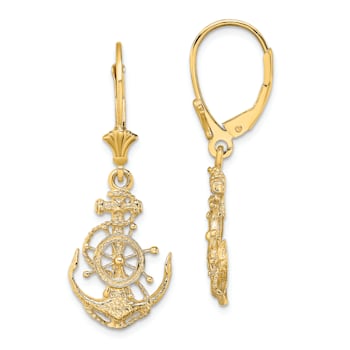 14k Yellow Gold Textured Anchor and Wheel Dangle Earrings