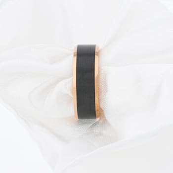 HAYDEN Rose Gold Plated Tungsten Polished Beveled Ring with Brushed
Black Center 8mm