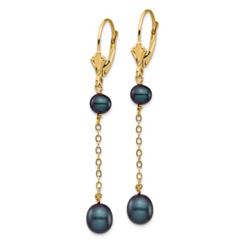 14K Yellow Gold 5-7mm Black Rice Freshwater Cultured Pearl Leverback Earrings