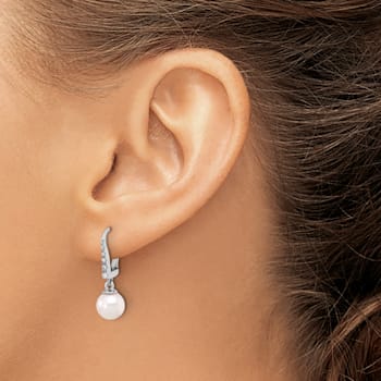 Rhodium Over 14K White Gold 6-7mm Round White Akoya Cultured Pearl and
0.085ctw Diamond Earrings