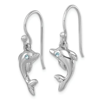 Rhodium Over Sterling Silver Polished Crystal Dolphin Dangle Earrings