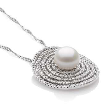 Sterling Silver Freshwater Pearl and Cubic Zirconia  Pendant with
Singapore Chain