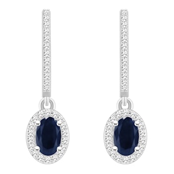 6x4mm Oval Sapphire 1/3 ctw Diamond Rhodium Over Sterling Silver Halo
Dangle Earrings