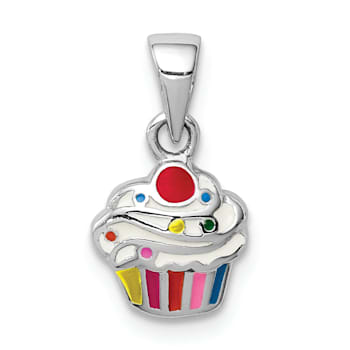 Rhodium Over Sterling Silver Multi-color Enameled Cupcake Children's Pendant