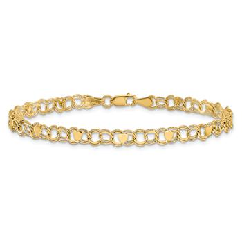 14K Yellow Gold Double Link Heart Charm Bracelet
