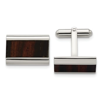 Stainless Steel Polished Black Koa Wood Inlay Rectangle Cufflinks