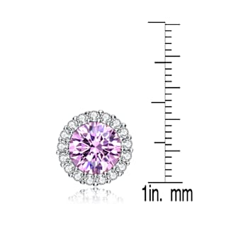 Pink CZ Halo Stud Earrings In Sterling Silver