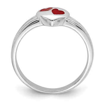 Rhodium Over Sterling Silver Polished and Red Enameled Heart Children's Ring