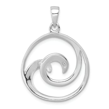 Rhodium Over Sterling Silver Polished and Brushed Double Wave Pendant