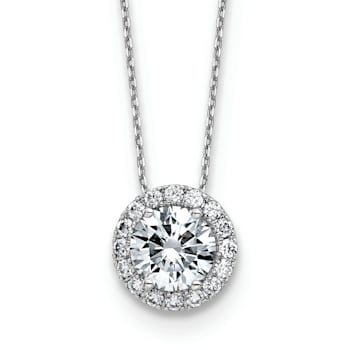 Rhodium Over 14k White Gold Round Halo D E F Pure Light Moissanite
Pendant with Chain